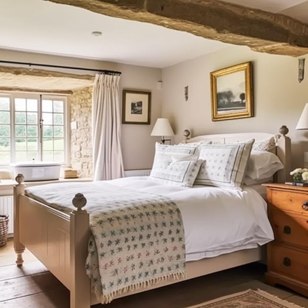 Design de interiores de decoração de quarto de chalé e cama de aluguel de temporada com roupas de cama elegantes e móveis antigos Casa de campo inglesa e ideia de estilo de fazenda