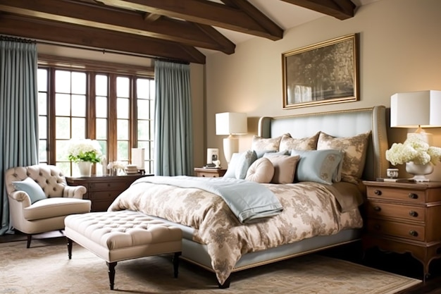 Design de interiores de decoração de quarto e cama clássica de aluguel de temporada com roupas de cama elegantes e móveis de casa de campo inglesa e ideia de estilo de casa de campo