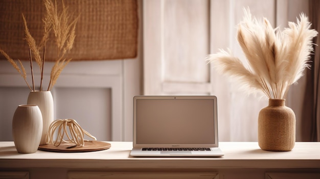 Design de interiores de escritório de estilo boho com laptop