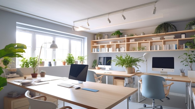 Design de interiores de escritório inspirador Escritório de estilo escandinavo com arquitetura de iluminação natural Generative AI AIG 31