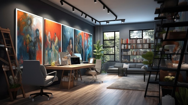 Design de interiores de escritório inspirador Espaço de estúdio de estilo contemporâneo com arquitetura de decoração artística Generative AI AIG 31