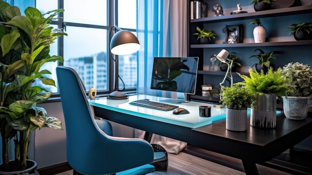 Design de interiores de escritório inspirador Home Office de estilo moderno com arquitetura de mesa de declaração Generative AI AIG 31