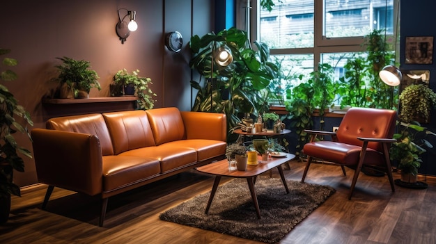 Design de interiores de escritório inspirador Lounge estilo Midcentury com arquitetura de elementos retrô Generative AI AIG 31