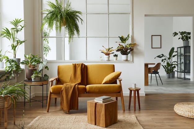 Design de interiores de espaço aberto escandinavo com sofá de veludo amarelo, plantas, móveis, livro, cubo de madeira e acessórios pessoais em uma encenação doméstica elegante. Modelo.