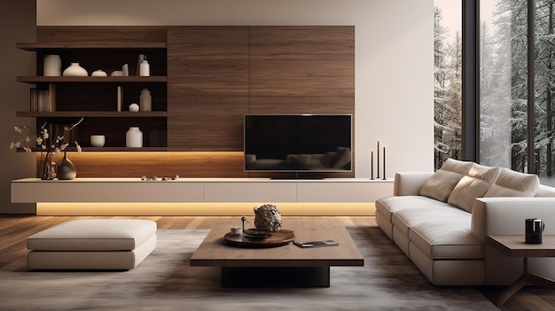 Design de interiores de estilo minimalista da moderna sala de estar com tv