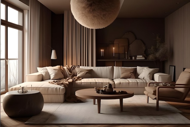 Design de interiores de estilo moderno com sofá bege ou cinza e mesa lateral de madeira
