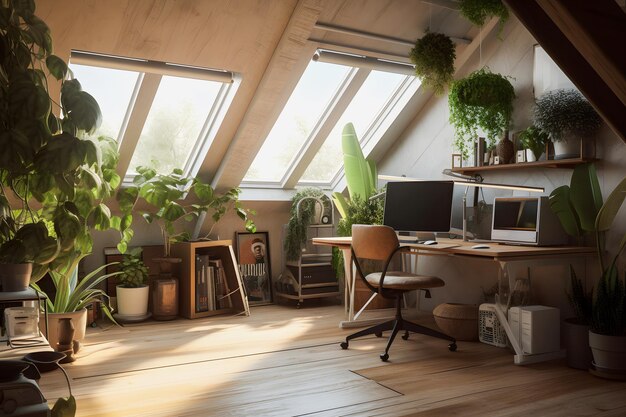 Design de interiores de home office modernista com plantas de luz natural e móveis modernos para um produto