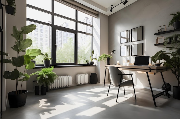 Design de interiores de home office modernista com plantas de luz natural e móveis modernos para um produto