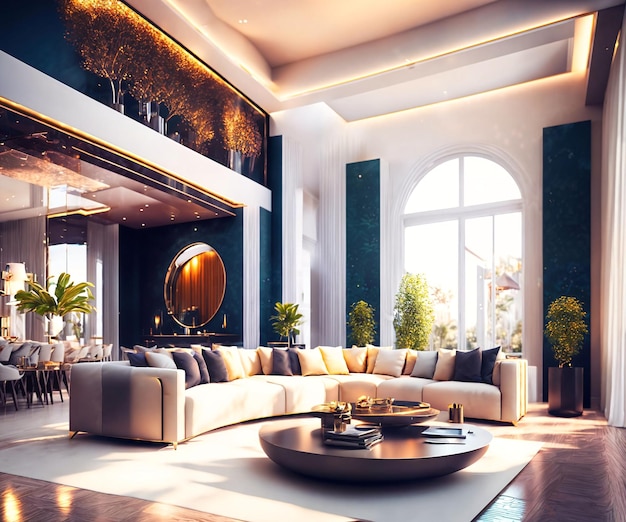 Design de interiores de IA generativa de sala de estar moderna e luxuosa