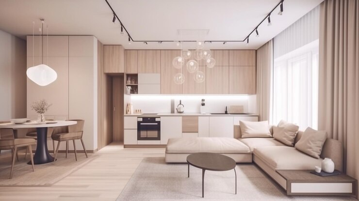 Design de interiores de IA generativa para um grande estúdio alegre em uma estética contemporânea