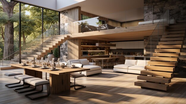 design de interiores de loft moderno com lareira de madeira e sofá