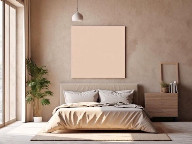 Design de interiores de quarto de cama bege minimalista com maquete de moldura de imagem branca em branco generativa AI