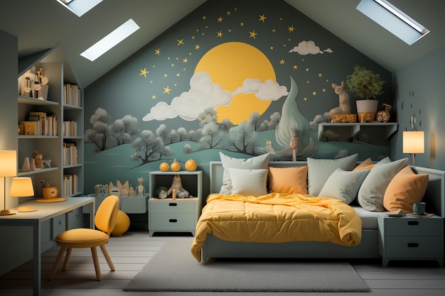 Design de interiores de quarto de criança moderno em casa com decoração infantil Quarto de criança colorido