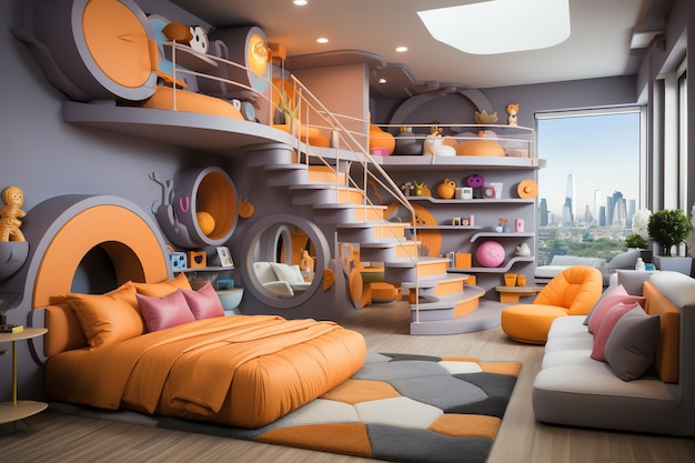 Design de interiores de quarto de criança moderno em casa com decoração infantil Quarto de criança colorido