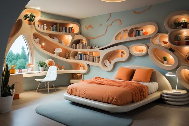Design de interiores de quarto de criança moderno em casa com decoração infantil Quarto de criança colorido