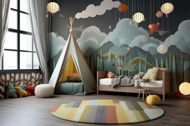 Foto design de interiores de quarto de criança moderno em casa com decoração infantil quarto de criança colorido