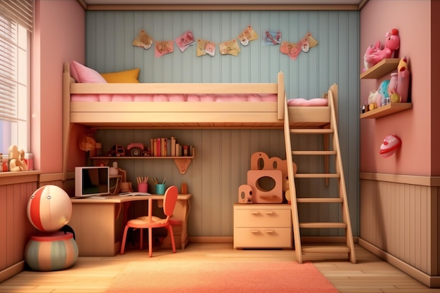 Design de interiores de quarto de criança moderno em casa com decoração infantil Quarto de criança colorido