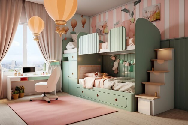 Design de interiores de quarto de criança moderno em casa com decoração infantil Quarto de criança colorido