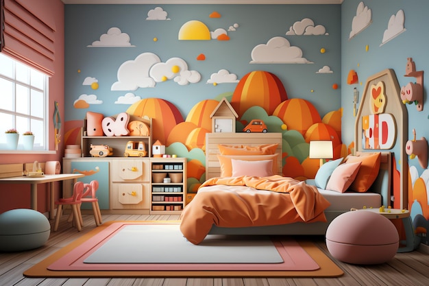 Design de interiores de quarto de criança moderno em casa com decoração infantil Quarto de criança colorido