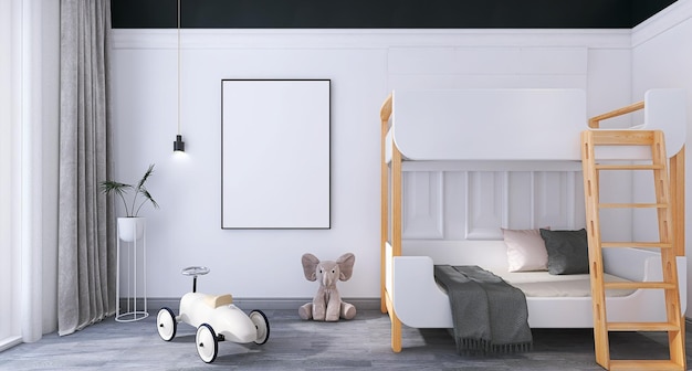 Design de interiores de quarto de crianças mínimo com moldura de cartaz em branco brinquedo elefante brinquedo carro beliche beliche