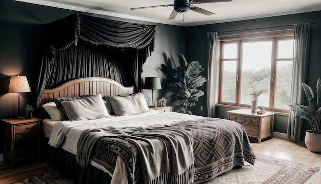 design de interiores de quarto de estilo boho de luxo cor preta