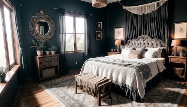 design de interiores de quarto de estilo boho de luxo cor preta