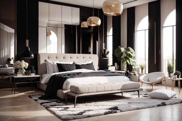 design de interiores de quarto elegante com almofadas pretas e brancas na cama