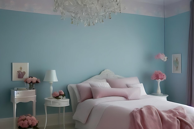 Design de interiores de quarto elegante em cores pastéis criativas Peculiar