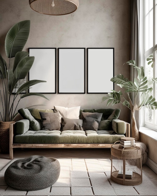 Design de interiores de quarto elegante em estilo boho com quadro de pôster em brancoGenerative AI