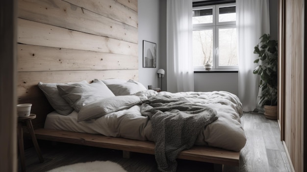 Design de interiores de quarto em estilo escandinavo com cama