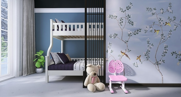 Design de interiores de quarto infantil com divisória de beliche divisória de ursinho de pelúcia cortina de janela