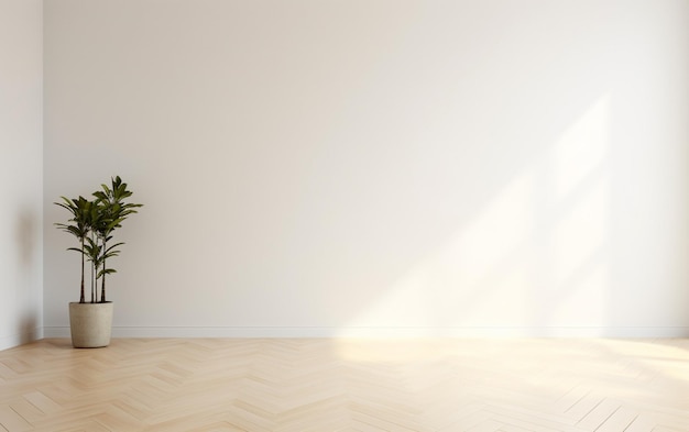 Design de interiores de quarto minimalista vazio com piso de espinha de peixe