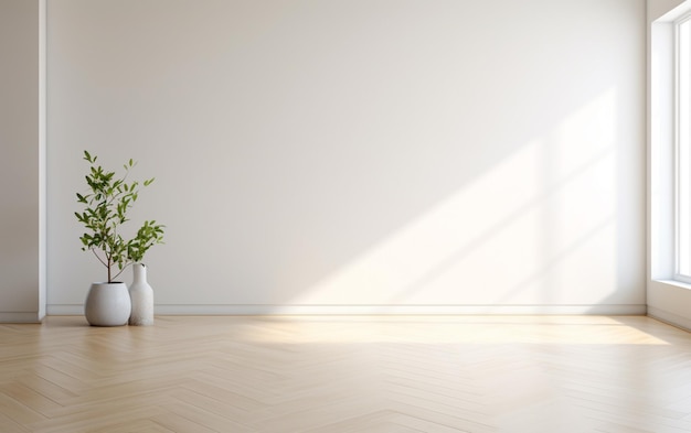 Design de interiores de quarto minimalista vazio com piso de espinha de peixe
