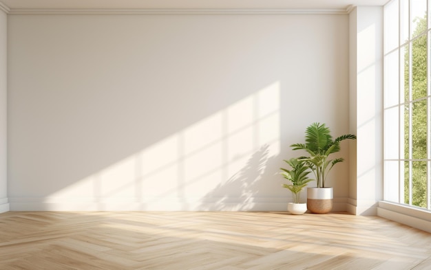 Design de interiores de quarto minimalista vazio com piso de espinha de peixe
