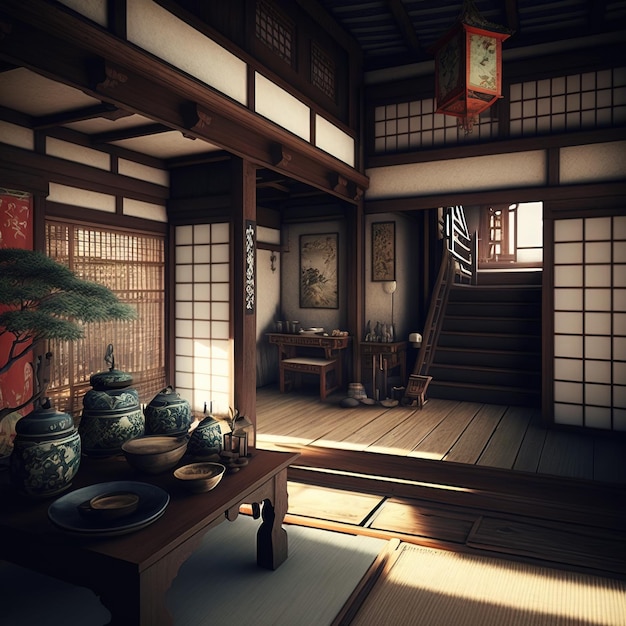 design de interiores de quarto tradicional japonês Generative AI