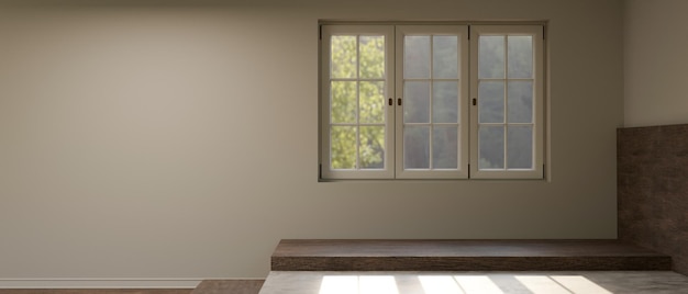 Design de interiores de quarto vazio moderno mínimo com janela e espaço vazio contra a parede