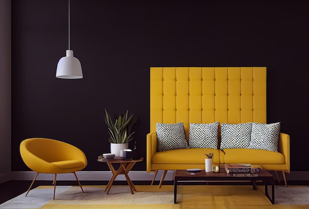 Design de interiores de sala de estar com sofá amarelo, cadeira, tapete, janela de almofada e TV.