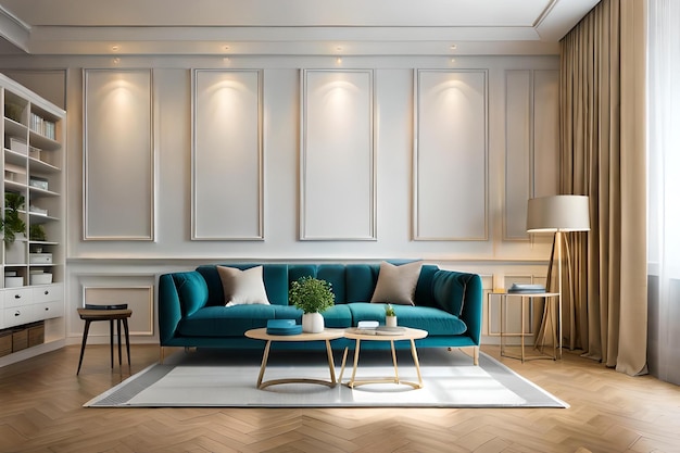 Design de interiores de sala de estar com sofá azul e mesa de café