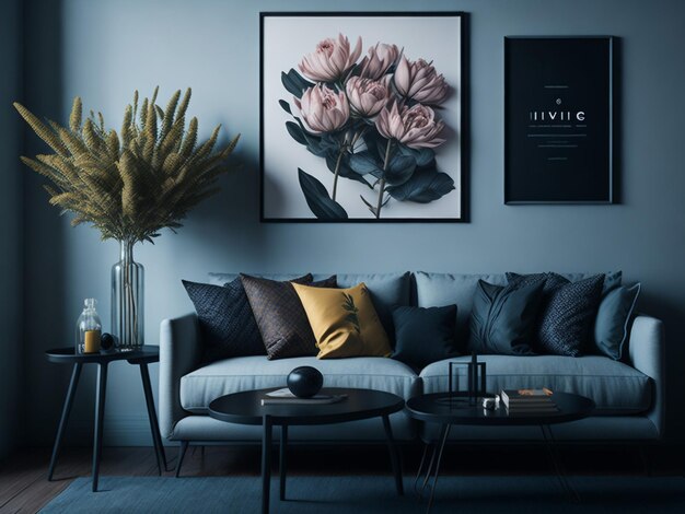 Design de interiores de sala de estar com sofá e cadeira e flores na mesa e cartaz de maquetes de flores