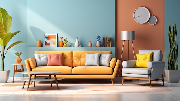 Design de interiores de sala de estar com sofá pendurado estante de lâmpada e poltronas estilo minimalista moder