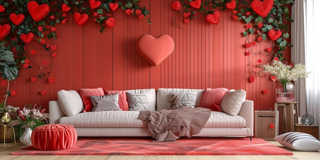 Design de interiores de sala de estar com tema do Dia dos Namorados