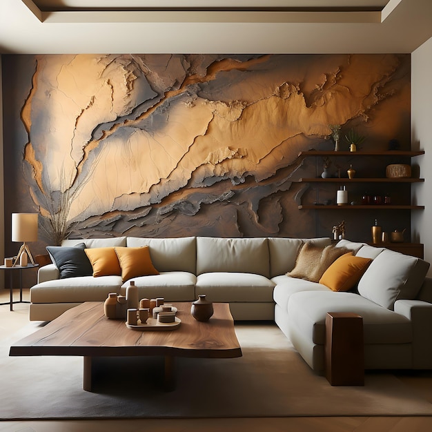 Design de interiores de sala de estar design de paredes de mármore em ziguezague dourado e marrom