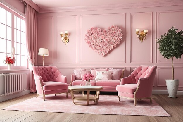 Design de interiores de sala de estar e cadeira Ilustração 3D sala de valentine