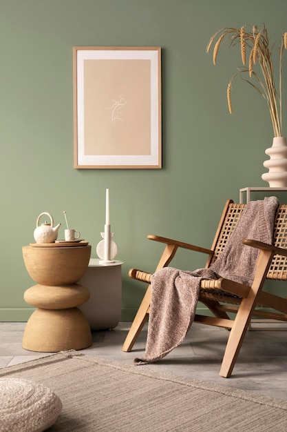 Design de interiores de sala de estar elegante com molduras de pôsteres de vime poltrona mesa de café tapete bege e acessórios criativos para casa parede verde sálvia modelo