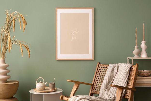 Design de interiores de sala de estar elegante com molduras de pôsteres de vime poltrona mesa de café tapete bege e acessórios criativos para casa Parede verde sálvia Modelo