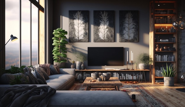 Design de interiores de sala de estar em casa ecologicamente correto imagem gerada AI