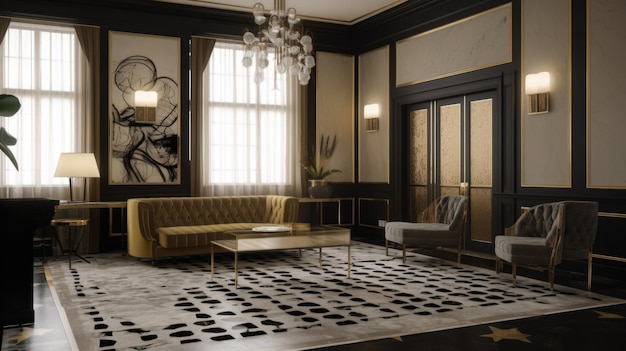 Design de interiores de sala de estar em estilo Art Deco com Art