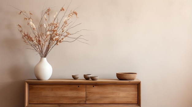 design de interiores de sala de estar estética vaso flores secas parede bege decoração da casa