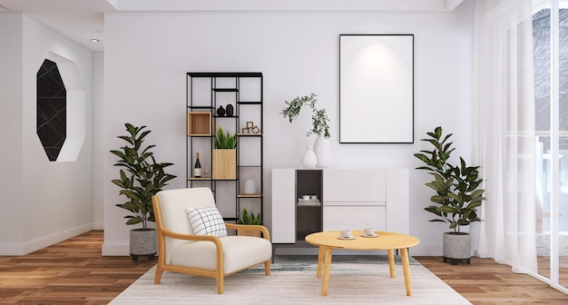 Design de interiores de sala de estar minimalista com fundo branco e maquete de quadro de pôster em branco