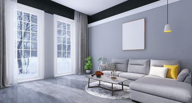 Design de interiores de sala de estar minimalista com maquete de moldura de foto em branco